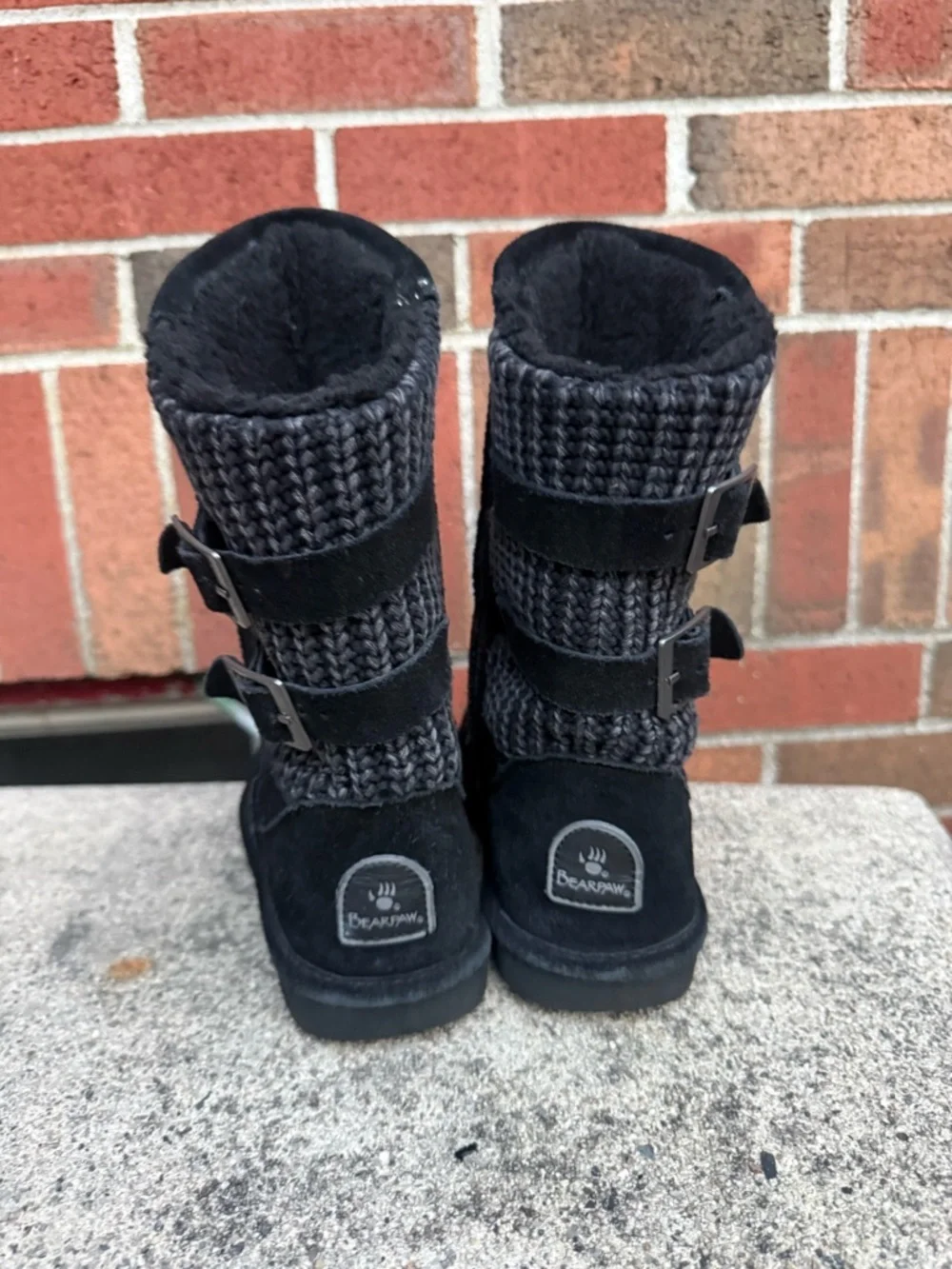 Bearpaw Black Knit Buckle Mid Calf Winter Boots Womens Size 6 Suede Sherpa